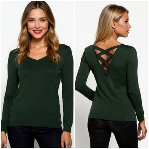 LOVE ELLIE Large Green V-Neck Long Sleeve Sweater with Criss-Cross Back